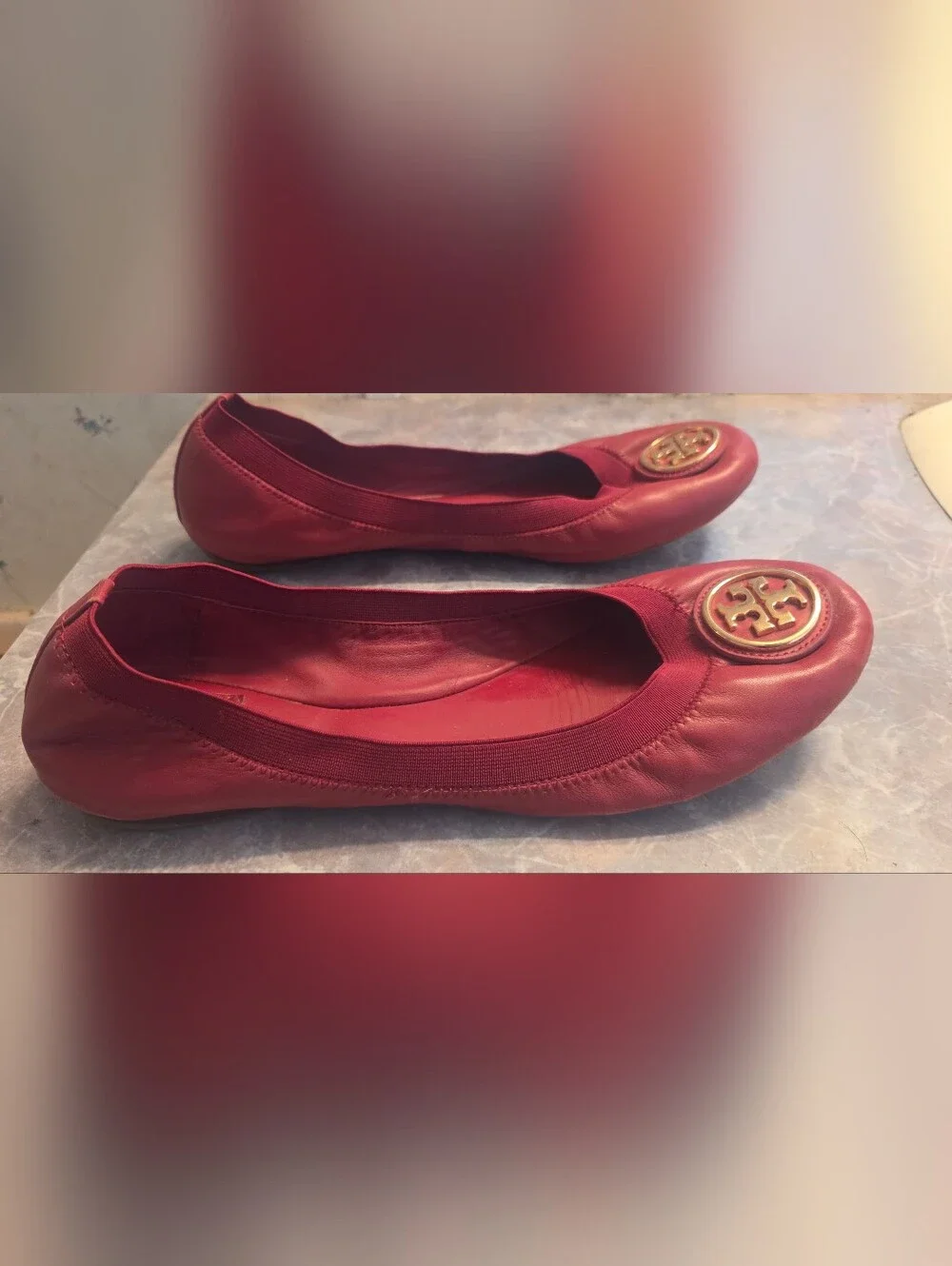 Tory Burch Red Leather Ballet Flats with Gold Logo